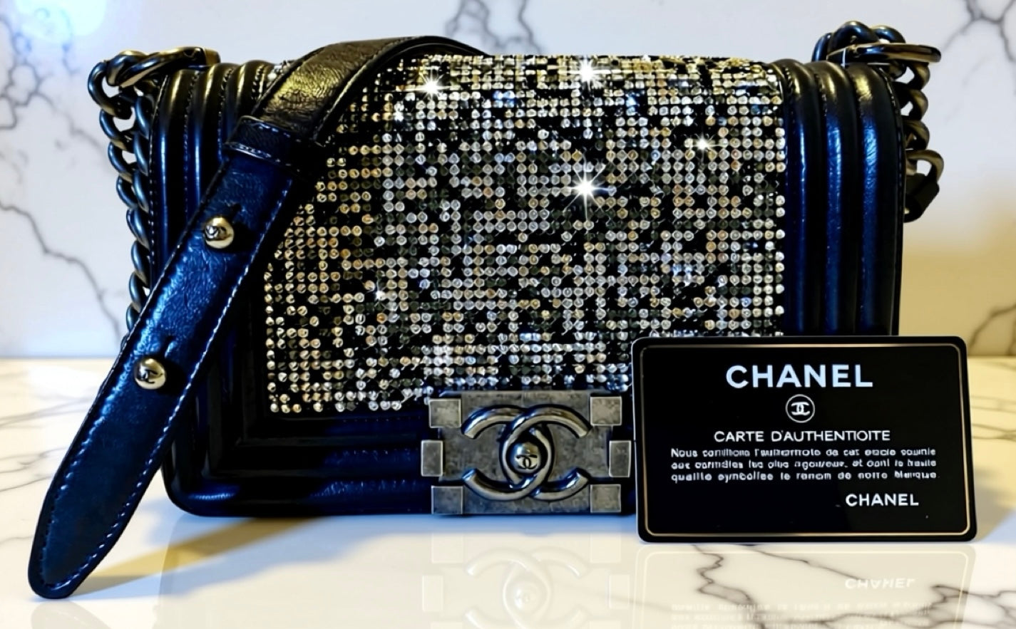 Chanel 14P Swarovski Crystals Small Black Leather Boy Bag