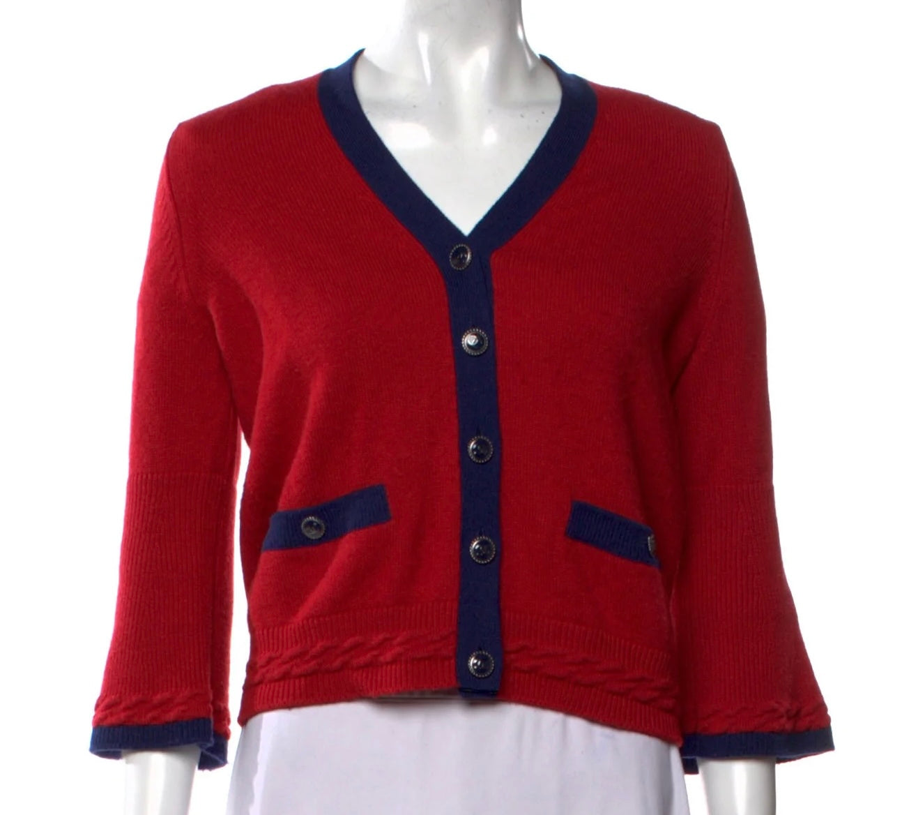 Chanel Cashmere Red and Navy Blue Classic Cardigan FR 42