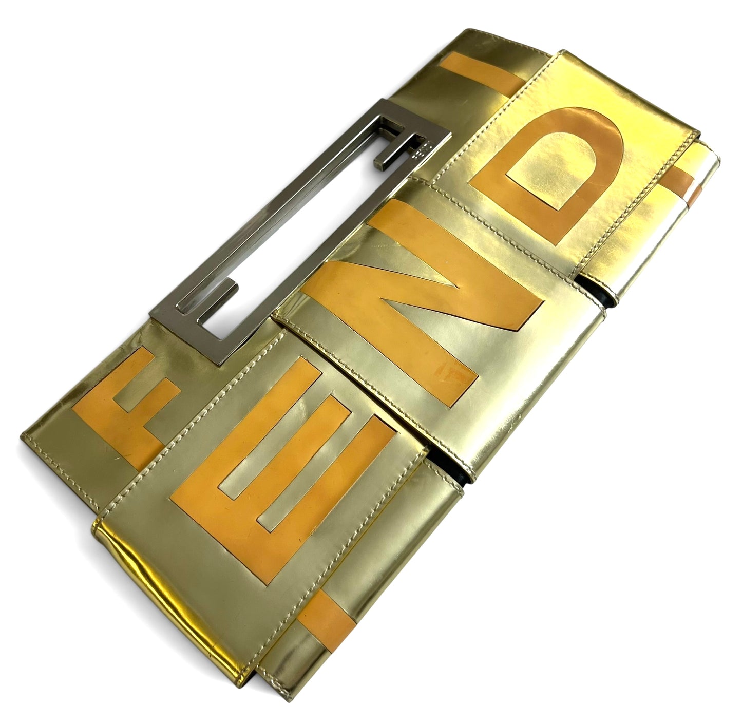 Rare Vintage Fendi 2007 Limited Edition Metallic Gold Patent Leather Crossword Clutch Bag