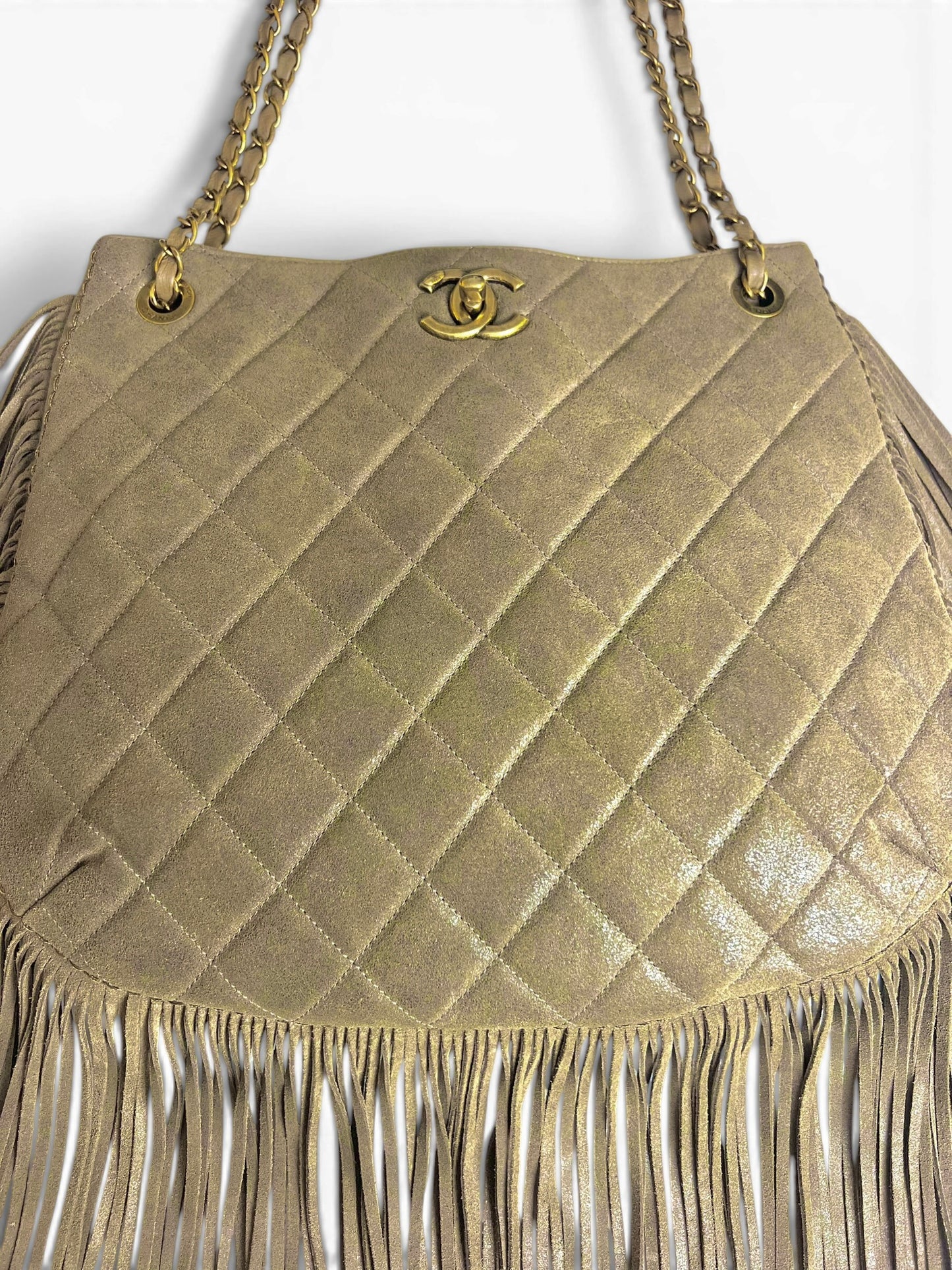 Chanel 14A Paris Dallas Iridescent Taupe Brown Nubuck Classic Hobo Shopper Tote Bag