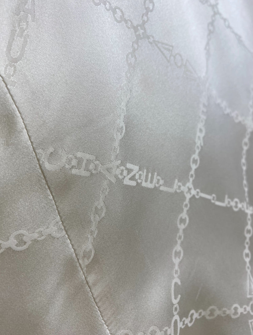 Chanel 22B Ecru Jacquard Silk CC Logo Velvet Bow Blouson Dress FR 40