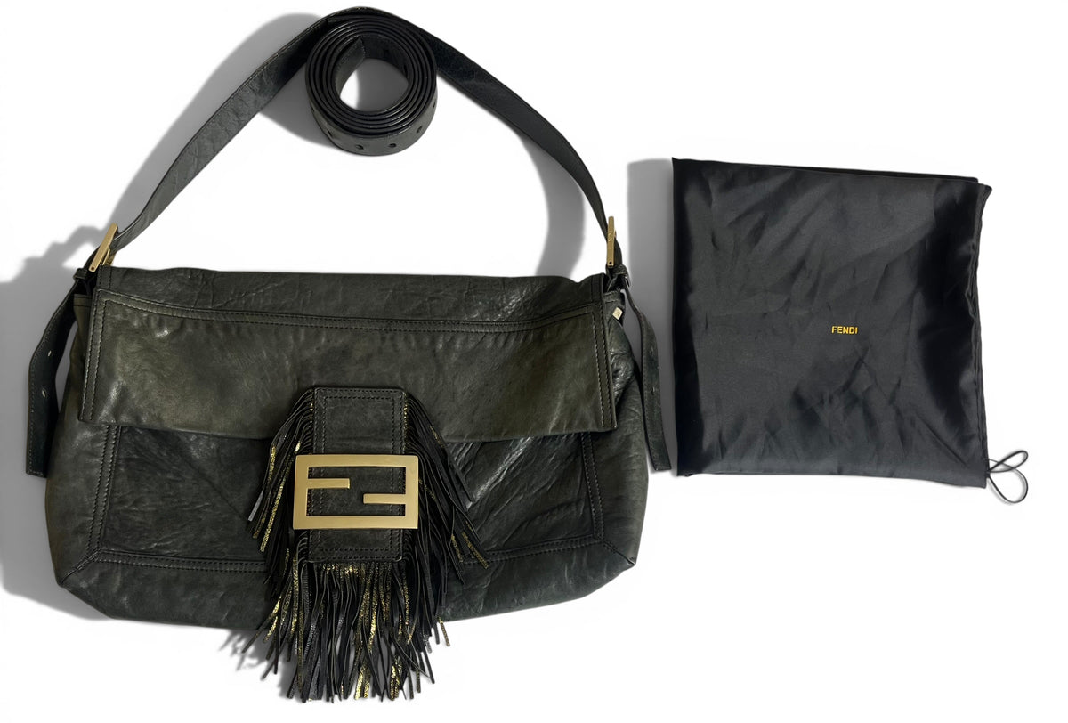 Vintage Fendi XL Black Gold Metallic Leather Wild Fringe Baguette Shoulder Crossbody Bag