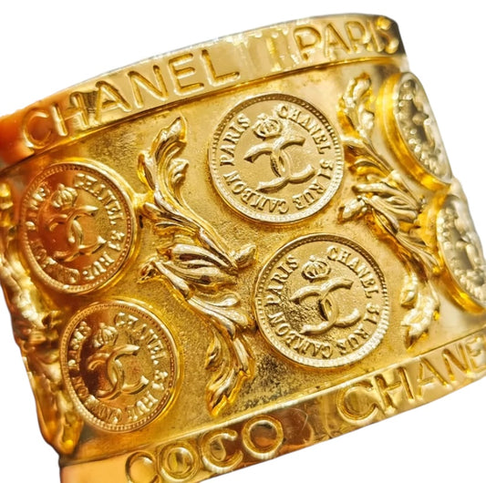Vintage 1970’s Chanel 24K Gold Plated Metal Coin CC Logos Cuff Bangle Bracelet