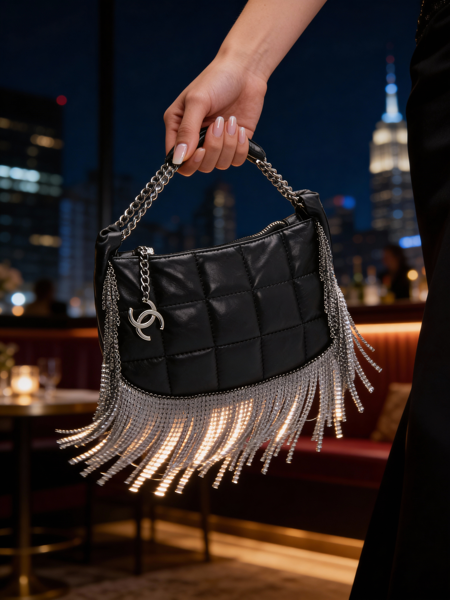 Rare Chanel 02A Mini Black Quilted Lambskin Silver CC Chain Fringe Bag