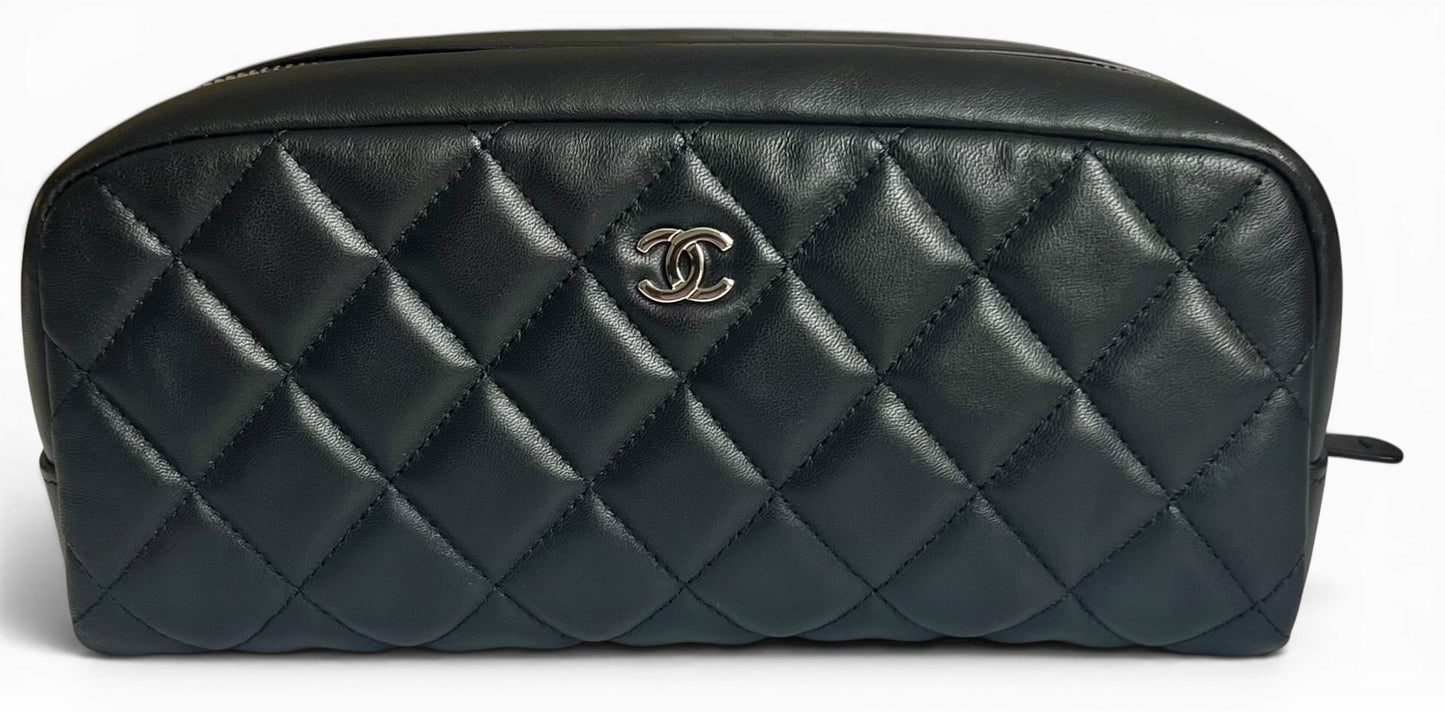 Chanel Black Lambskin Quilted Medium Rectangular Pouch Cosmetic Vanity Case Clutch