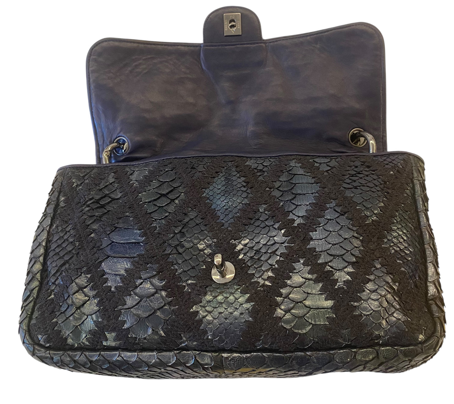 Chanel Metallic Blue & Green Python and Crochet Flap Bag