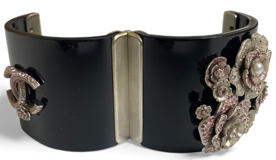Rare Chanel 12P Black Pink Crystals Camellia Flower Double Sided CC Cuff Bracelet