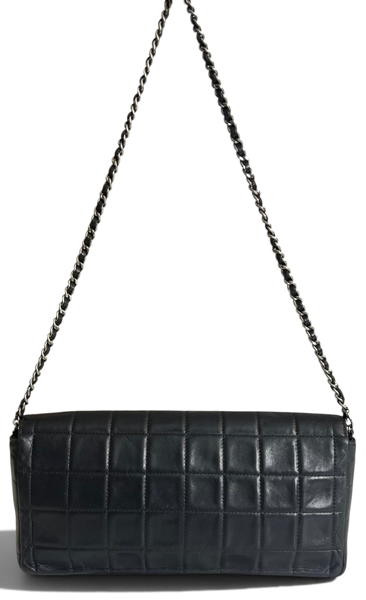 Vintage Chanel Black Lambskin East West Chocolate Bar Flap SHW