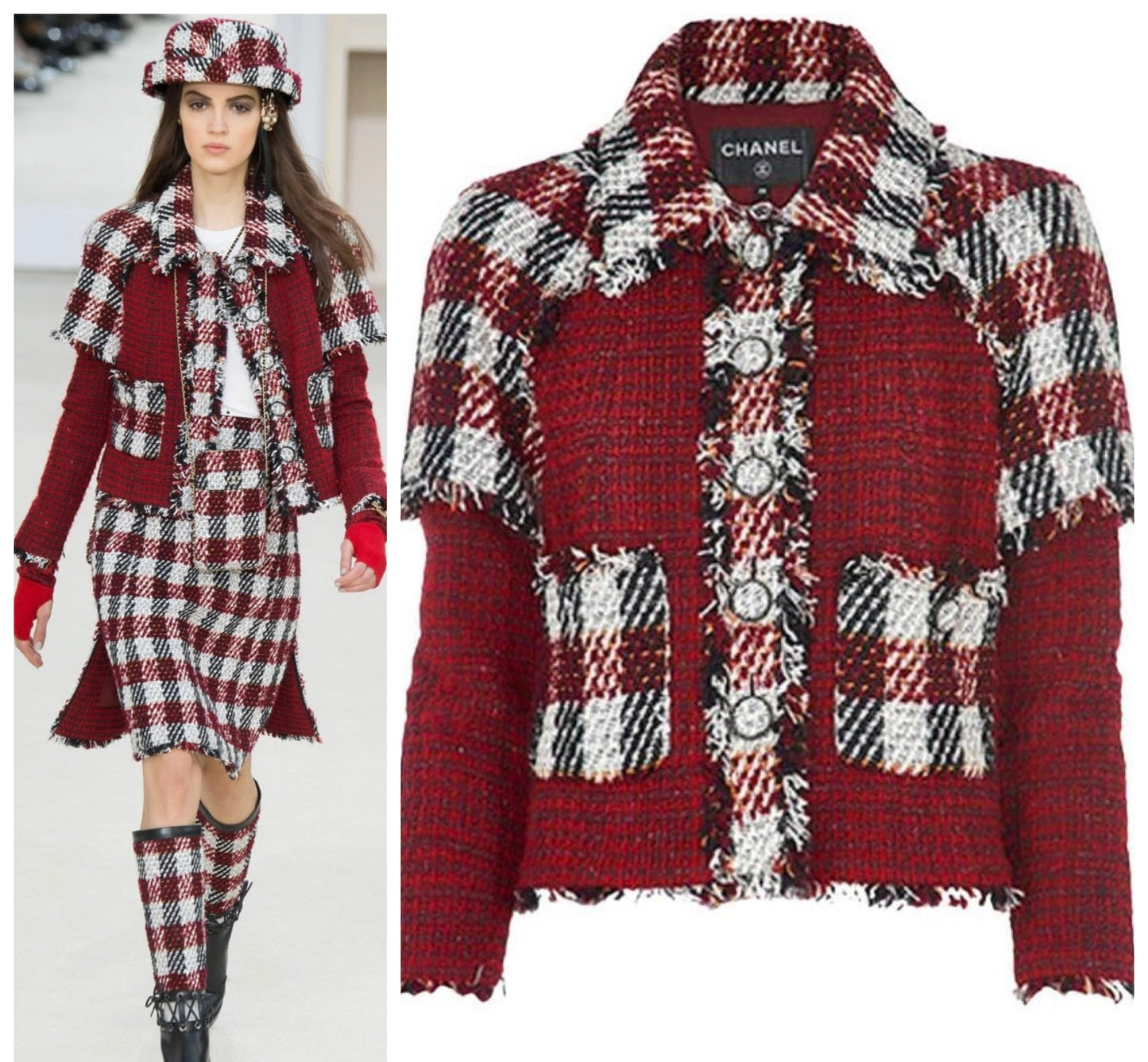 Chanel 16A Runway Burgundy Plaid Tweed Fringe Jacket FR 40