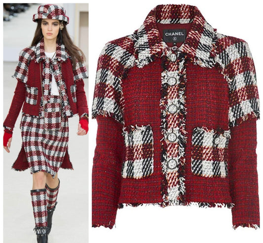 Chanel 16A Runway Burgundy Plaid Tweed Fringe Jacket FR 40