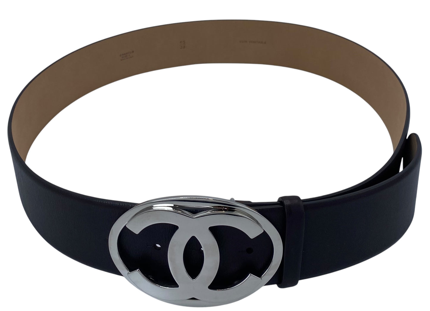 Chanel 2000 Dark Brown Leather Oval CC Silver Buckle Belt Size 95/38