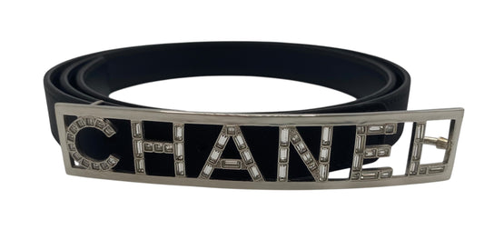 Chanel 15S Black Leather Grosgrain Crystal Letters Silver Buckle Belt Size 90/36