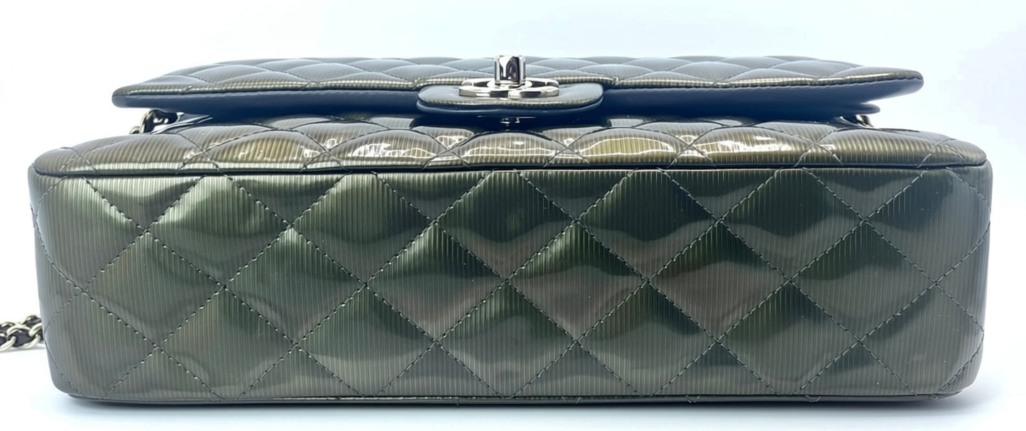 Chanel Medium Double Flap Green Straited Patent Leather Timeless Classic Bag SHW