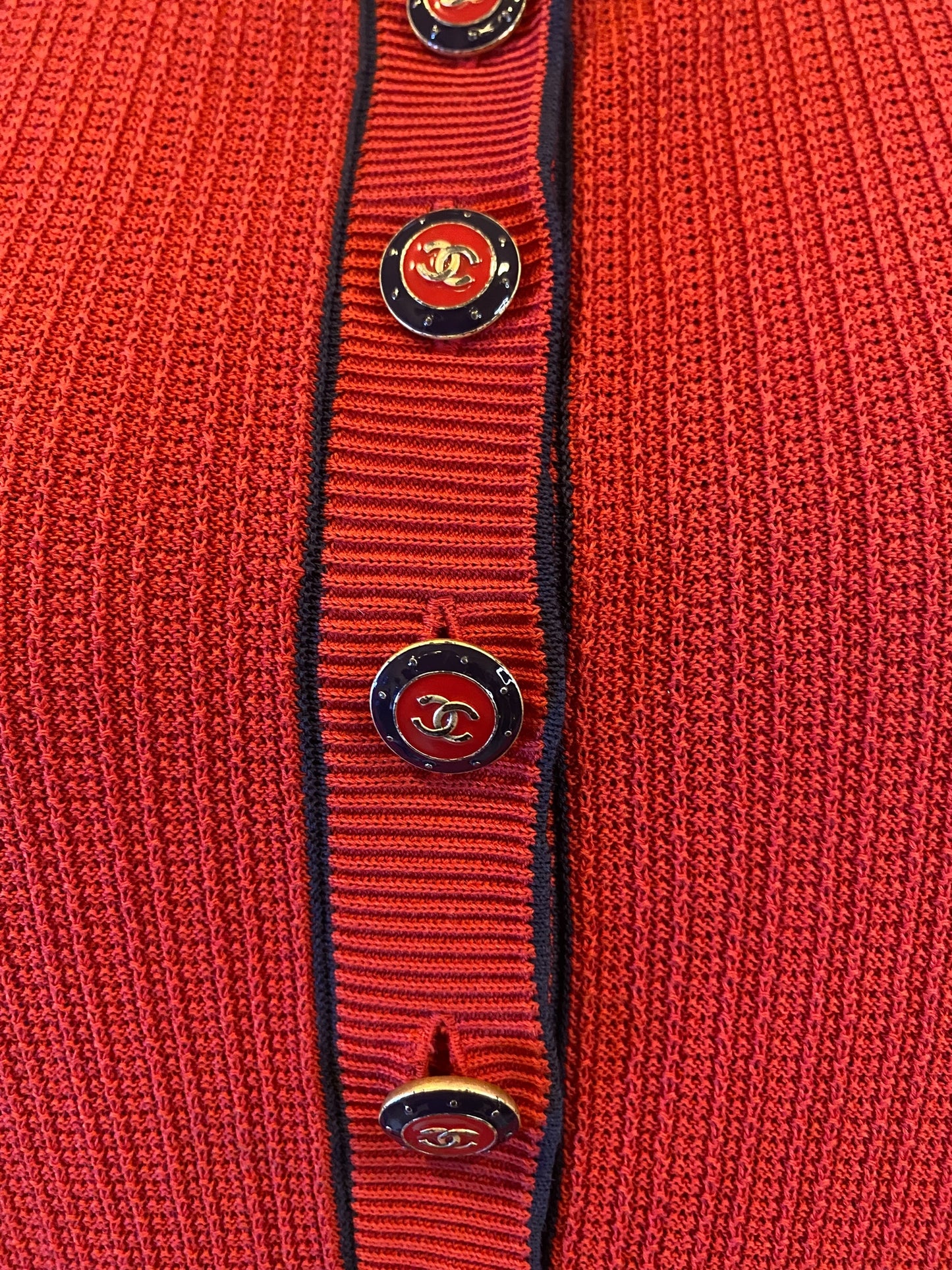 Chanel Red Navy Blue Cotton Knit Sleeveless Blouse FR 42