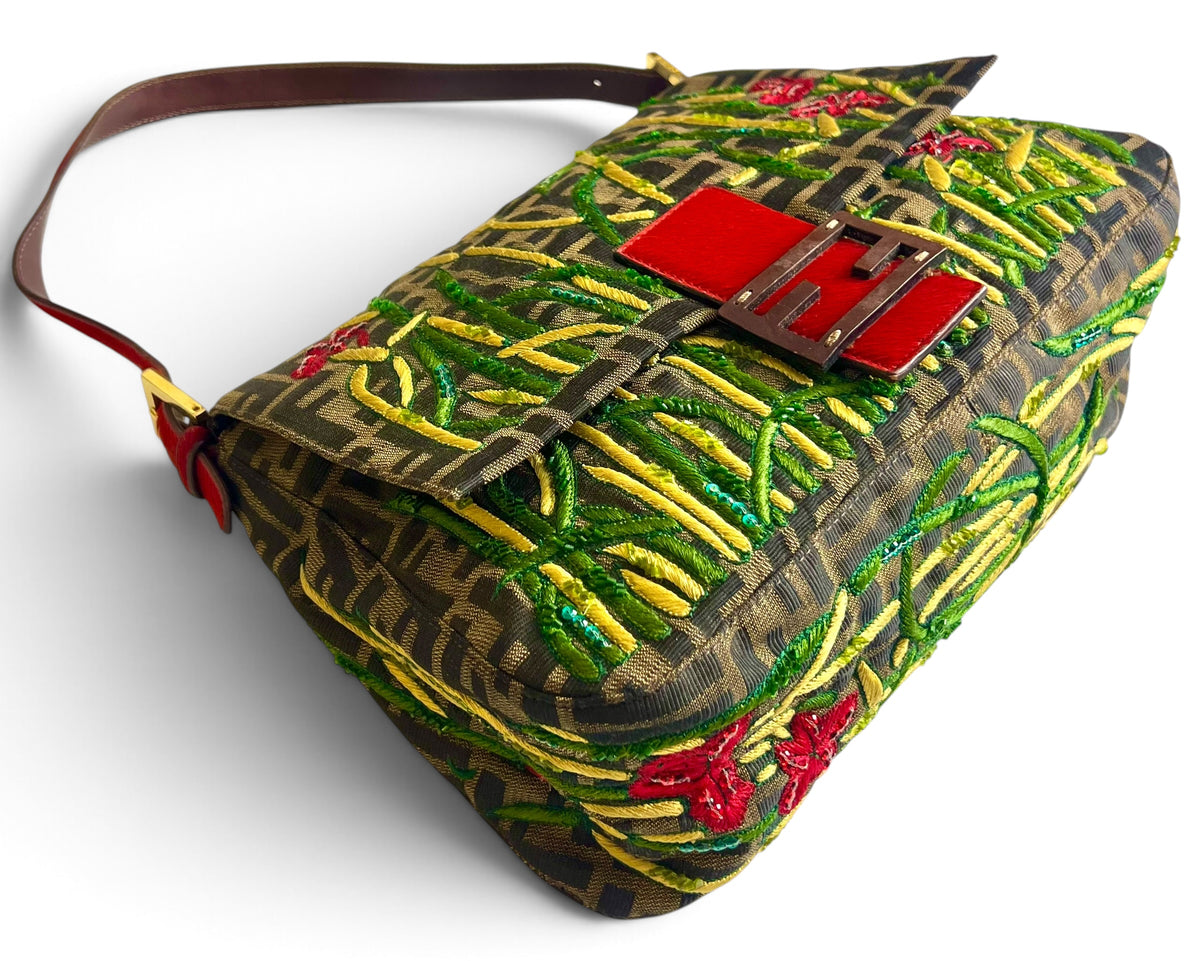 Vintage FENDI Garden Floral Embroidered Beaded Pony Hair Zucca FF Mamma Baguette Bag