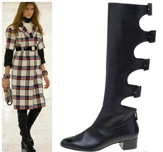 Chanel 07A Runway Black Leather Gladiator Buckle Knee High Riding Boots EU 39.5