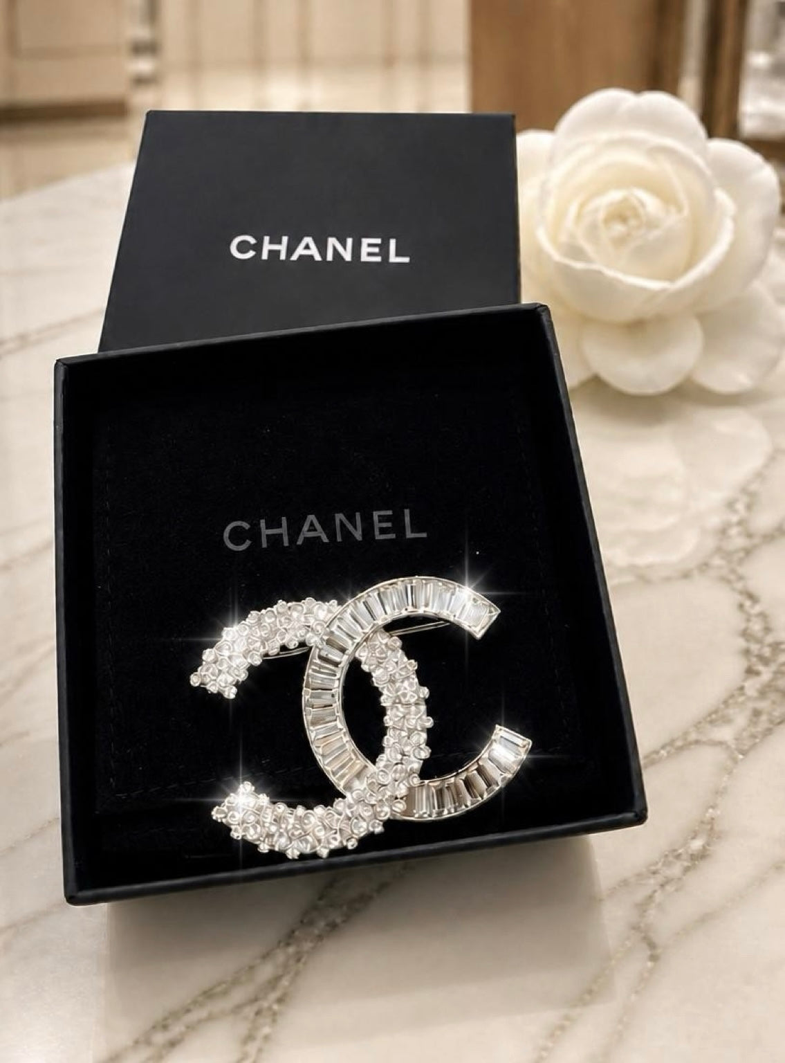 Chanel 2019 Large CC Silver Crystal Baguette Swarovski Brooch