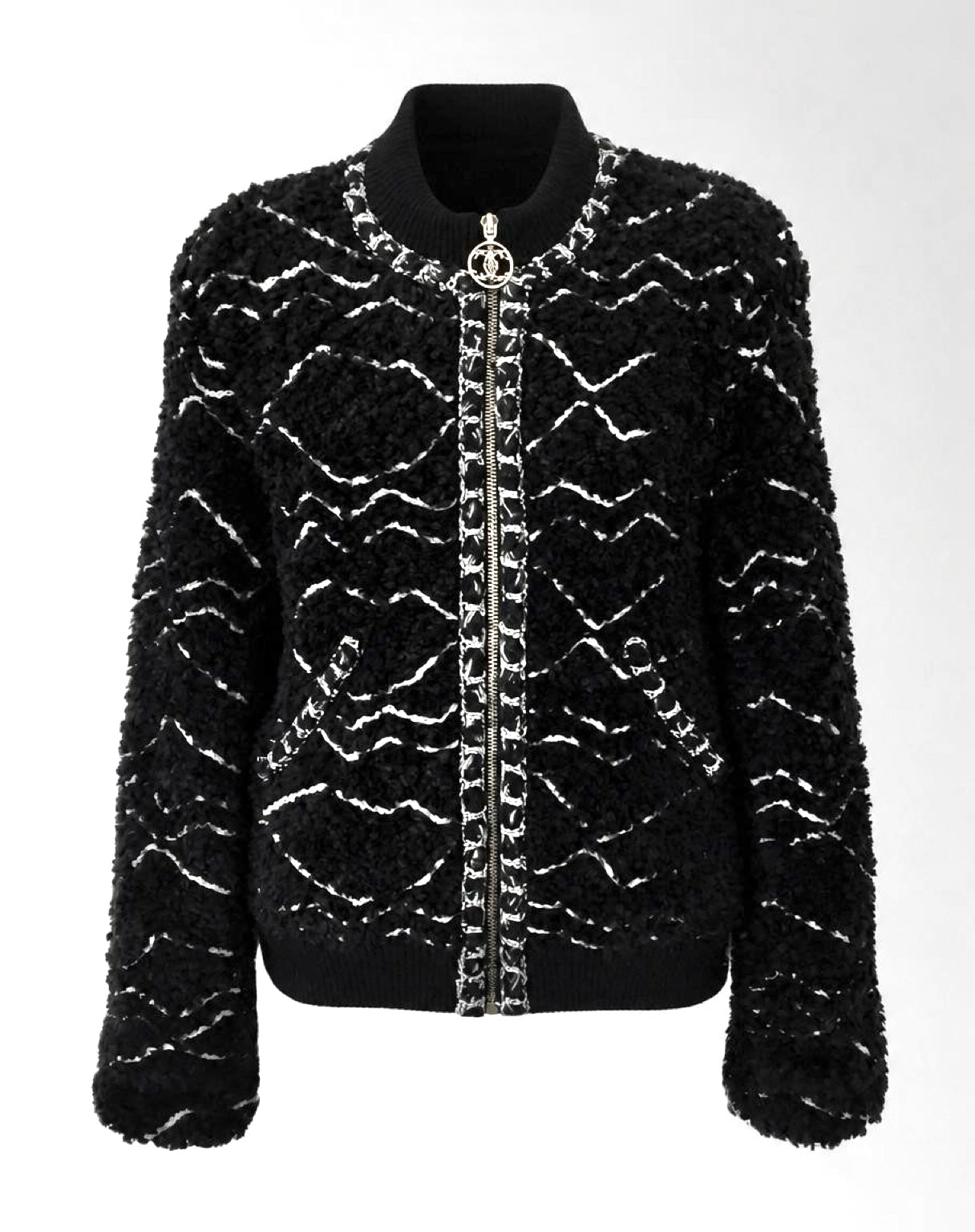 Chanel 19B Black Fuzzy Alpaca CC Zipper Bomber Jacket Coat FR 36