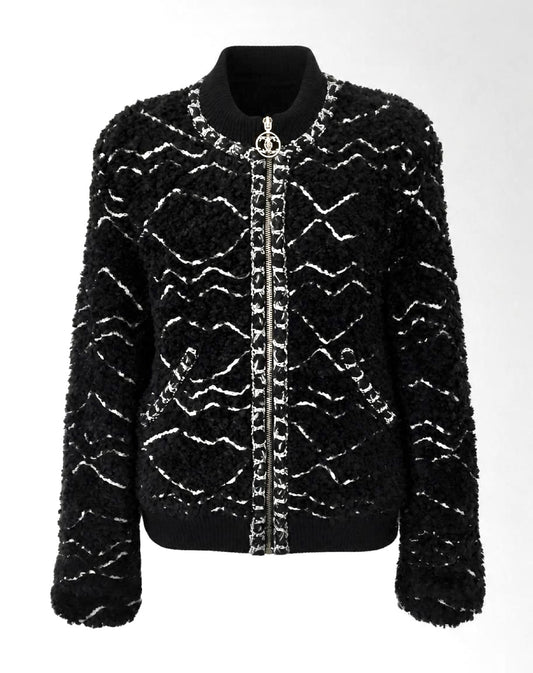 Chanel 19B Black Fuzzy Alpaca CC Zipper Bomber Jacket Coat FR 36