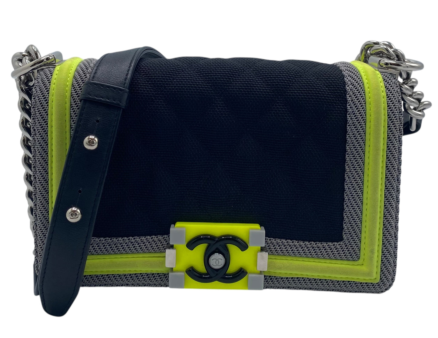 Chanel 2016 Small Canvas Quilted Neon Yellow Black Fluo Boy Flap