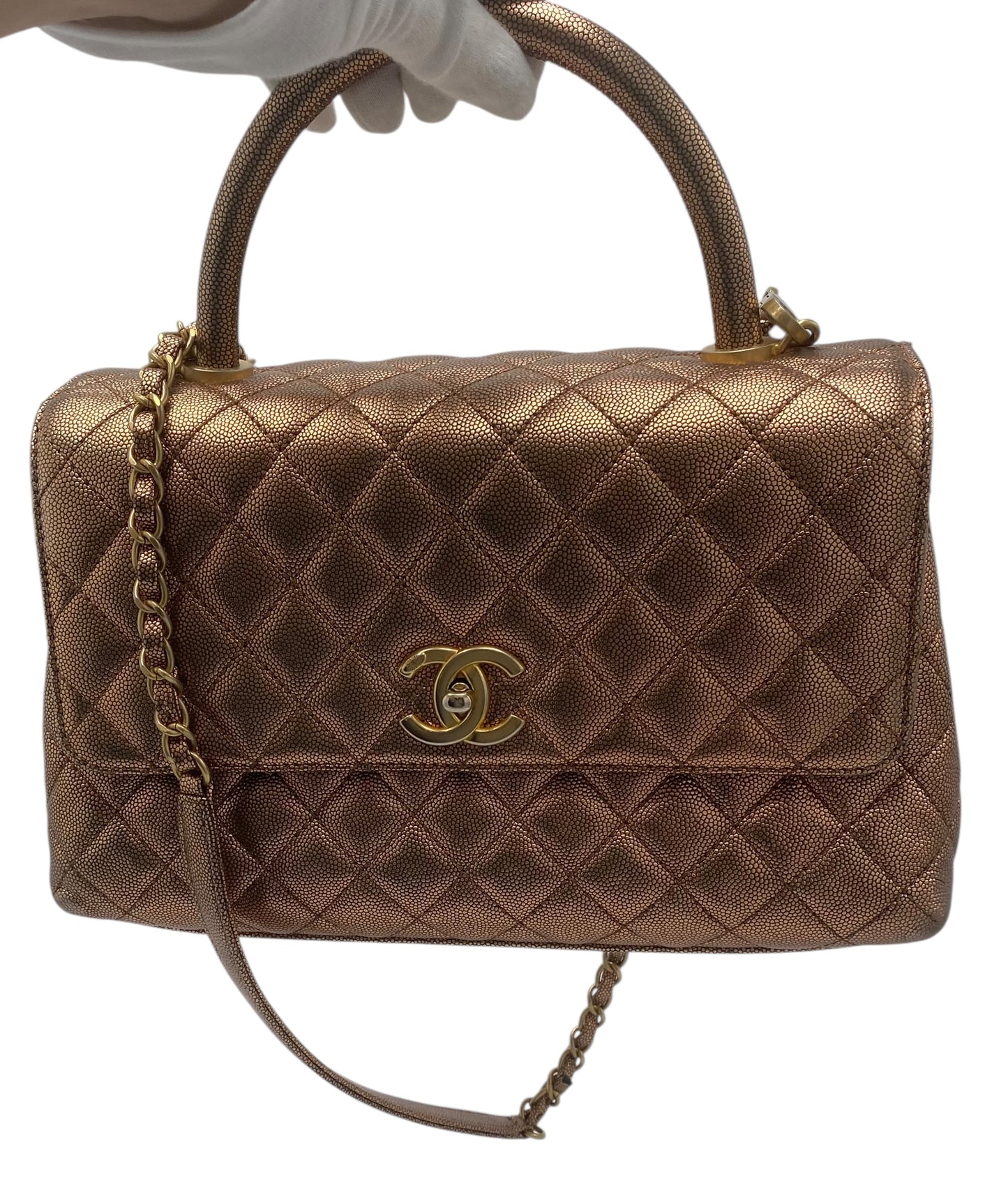 Chanel 19A Medium Metallic Rose Gold Copper Caviar Quilted Timeless Coco Handle Flap Bag