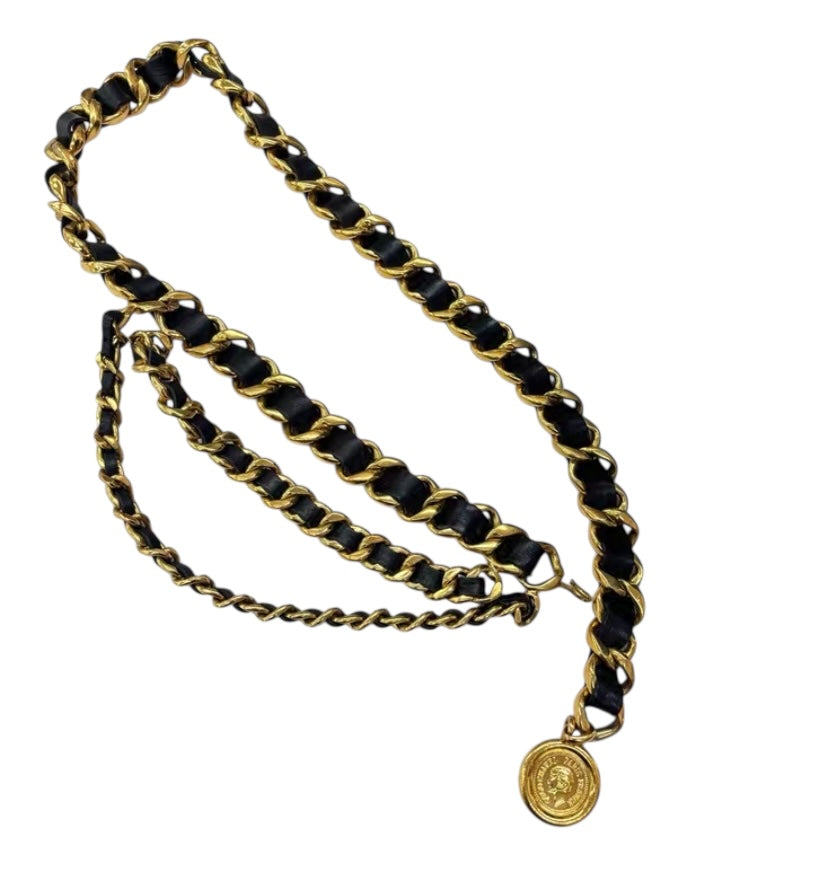 Chanel Vintage 93P Jumbo 3 Strand Black Golds Leather Belt