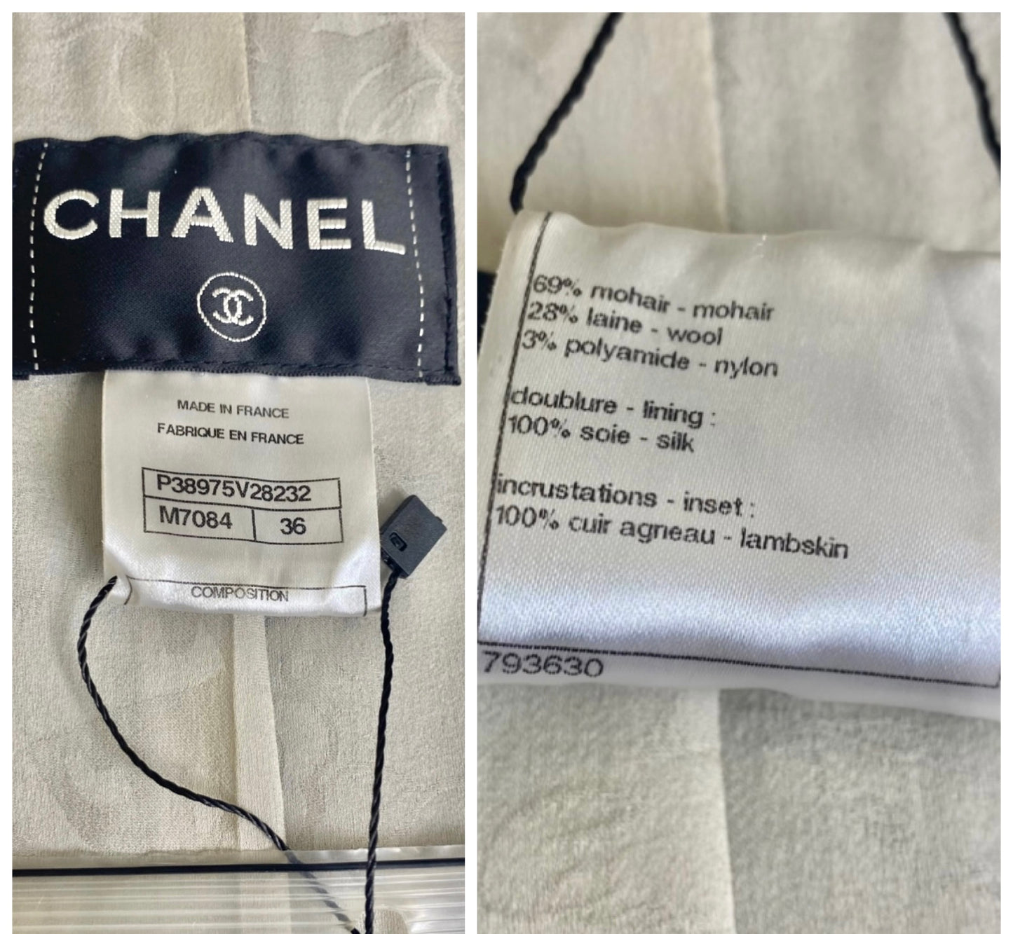 Chanel 10A Shanghai Shearling Tweed CC Grey Black Leather Trim Jacket Coat FR 36