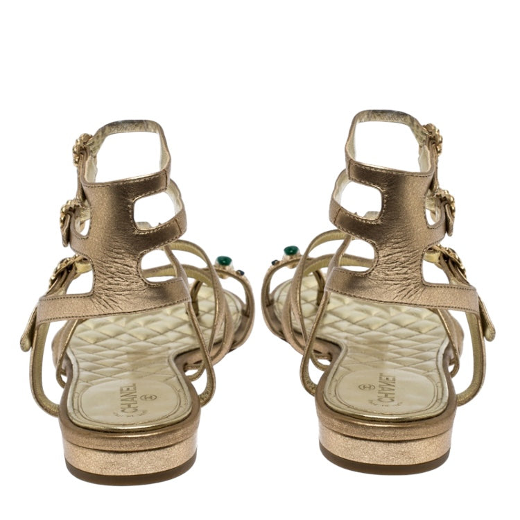 Chanel 15P Gold Metallic Jeweled Gladiator Sandal Flats EU 38.5