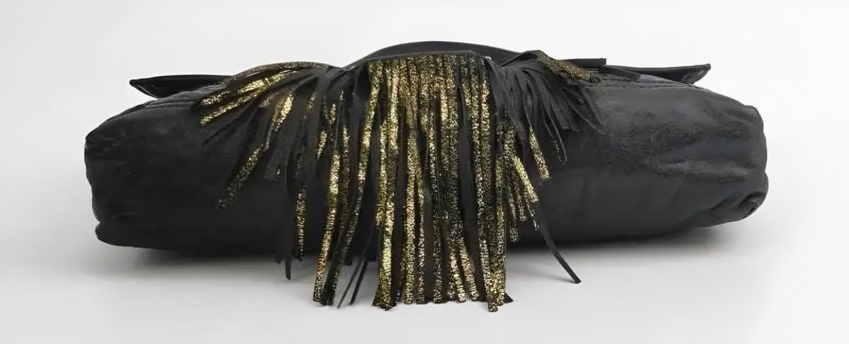 Vintage Fendi XL Black Gold Metallic Leather Wild Fringe Baguette Shoulder Crossbody Bag