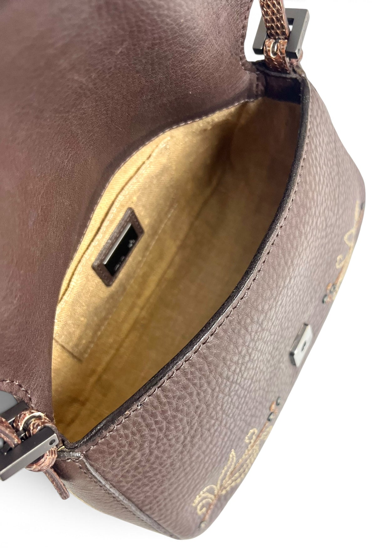 Fendi Limited Edition Dark Brown Leather Lizard Embroidered Mini Mamma Baguette Bag