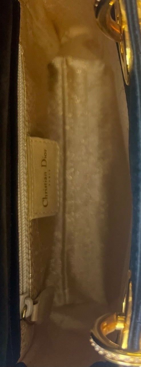 Ultra Rare Vintage 1999 Mini Lady Dior Navy Blue Gold Crystals Lucite Silk Handbag