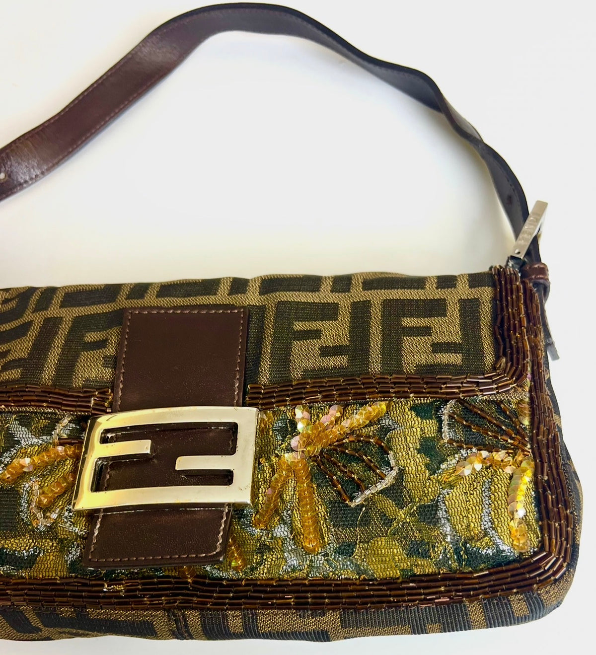 Rare Fendi Vintage Floral Lace Bead Embroidered Classic Zucca Baguette Bag