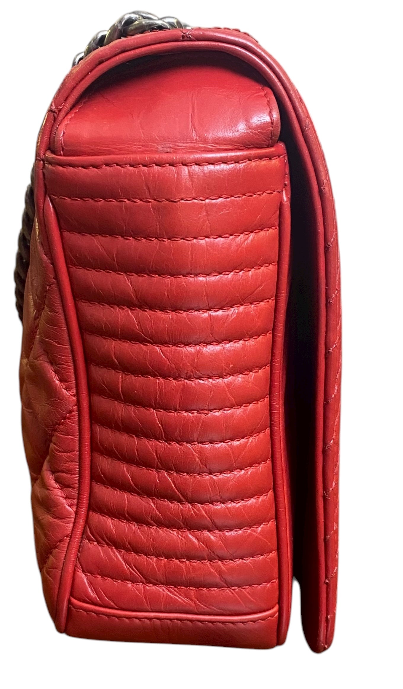 Chanel Red Quilted Glazed Aged Calfskin Leather Medium Coco Boy Flap Bag