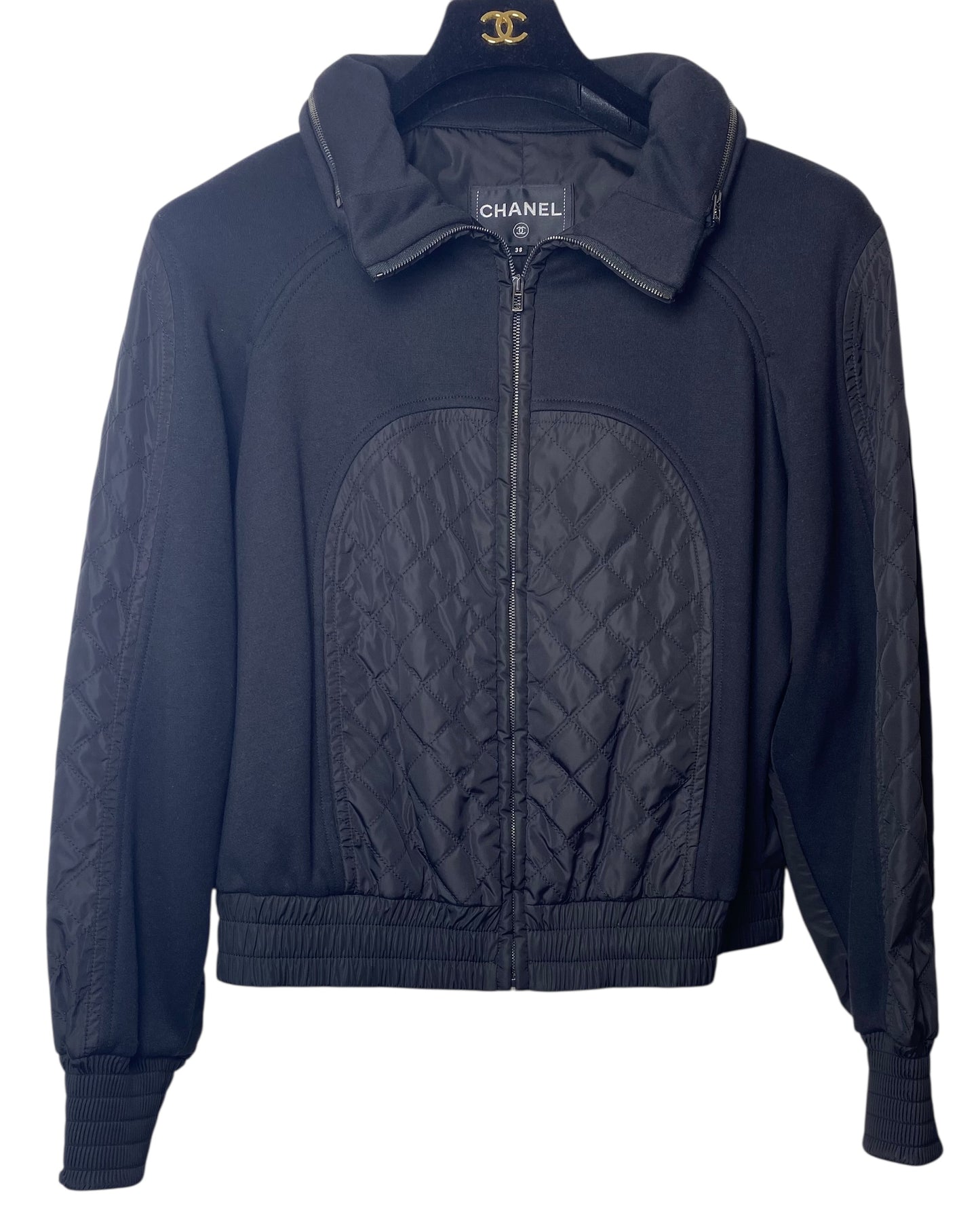 Chanel 2019 Black Hoodie Zip Up Bomber Quilted Sport Jacket FR 38