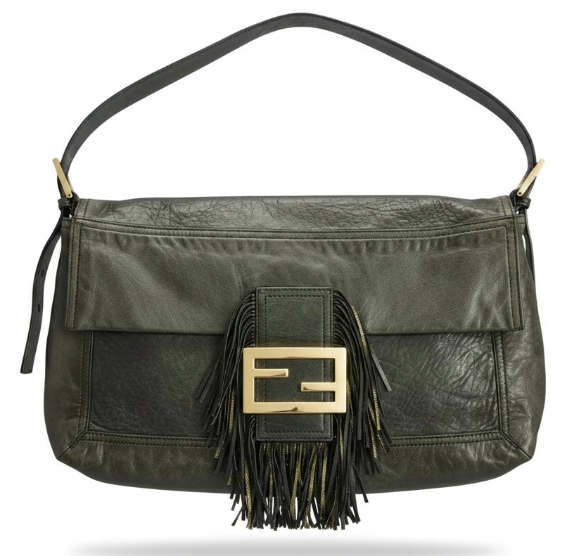 Vintage Fendi XL Black Gold Metallic Leather Wild Fringe Baguette Shoulder Crossbody Bag