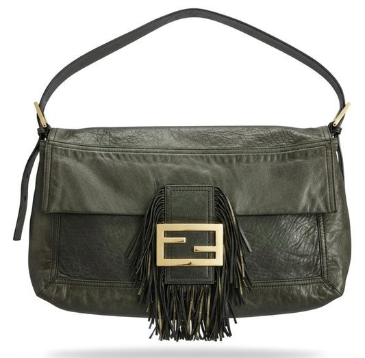 Vintage Fendi XL Black Gold Metallic Leather Wild Fringe Baguette Shoulder Crossbody Bag