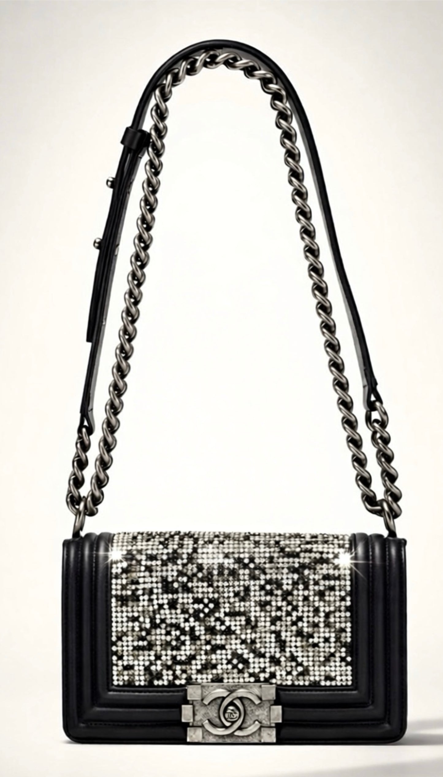 Chanel 14P Swarovski Crystals Small Black Leather Boy Bag