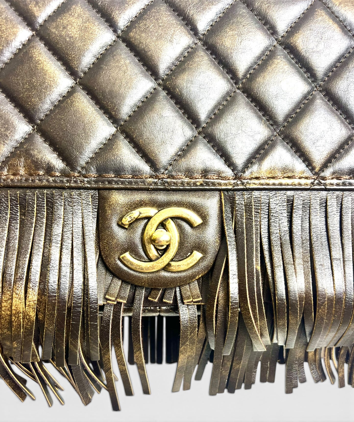 Rare Chanel 14A Paris Dallas Medium Brown Metallic Leather Fringe Classic Flap Bag