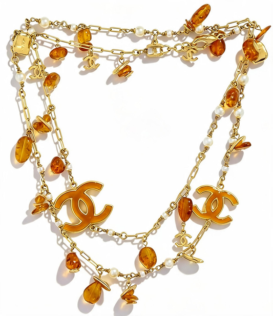 Chanel 11C St Tropez Amber Gold Long Strand Statement Necklace