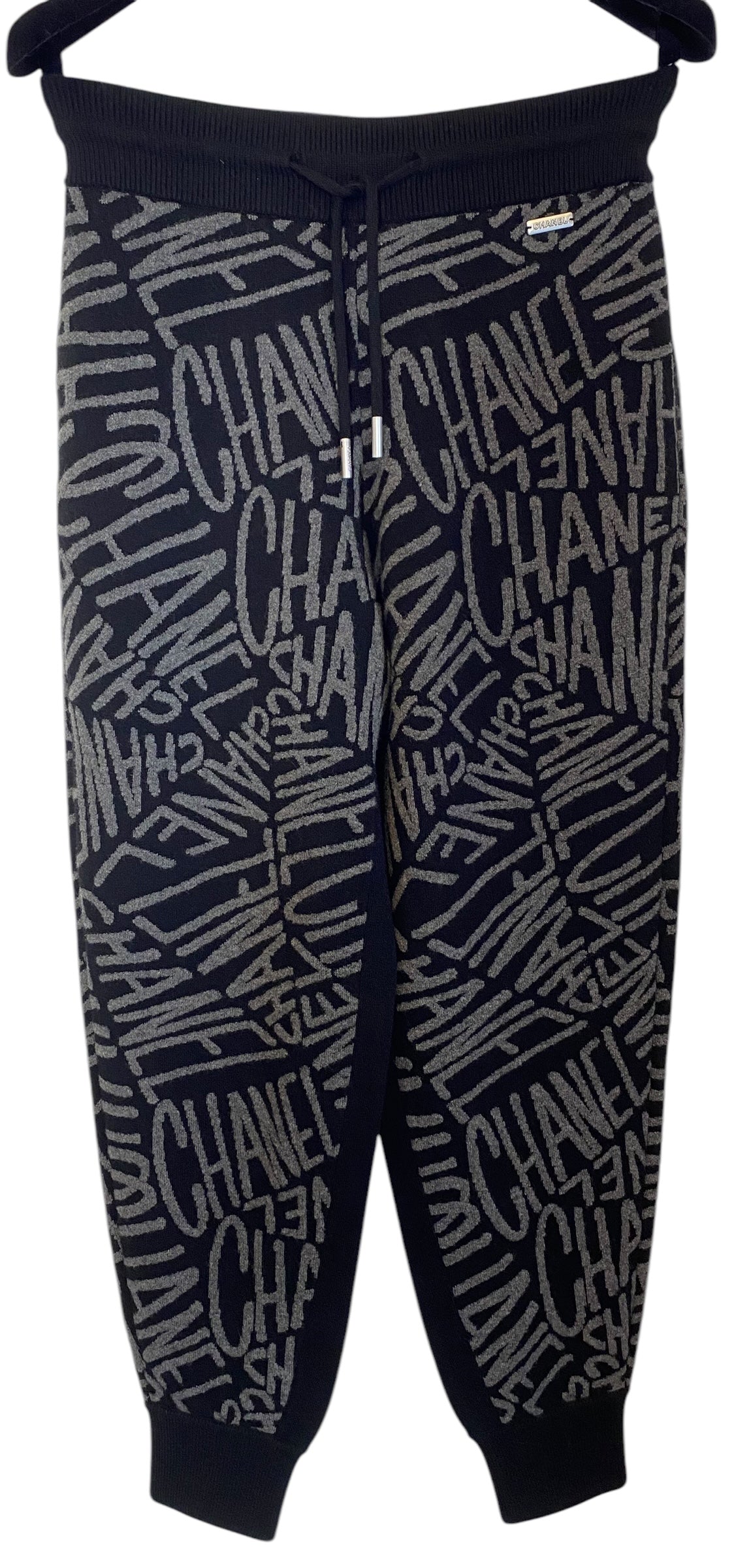 NWT Chanel Logo 21N Coco Neige Black Grey Cashmere Bottoms Lounge Pants FR 38