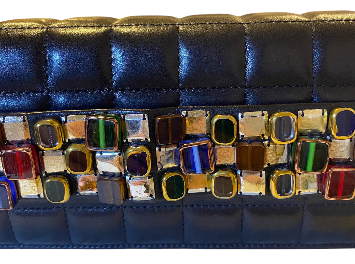 Chanel 11A Paris-Byzance Black Chocolate Bar Lambskin Leather Jeweled Clutch Minaudière Bag