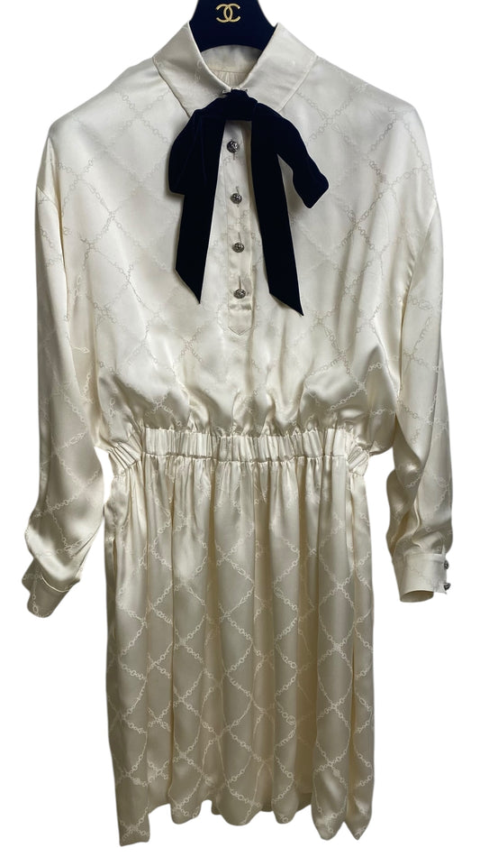 Chanel 22B Ecru Jacquard Silk CC Logo Velvet Bow Blouson Dress FR 40
