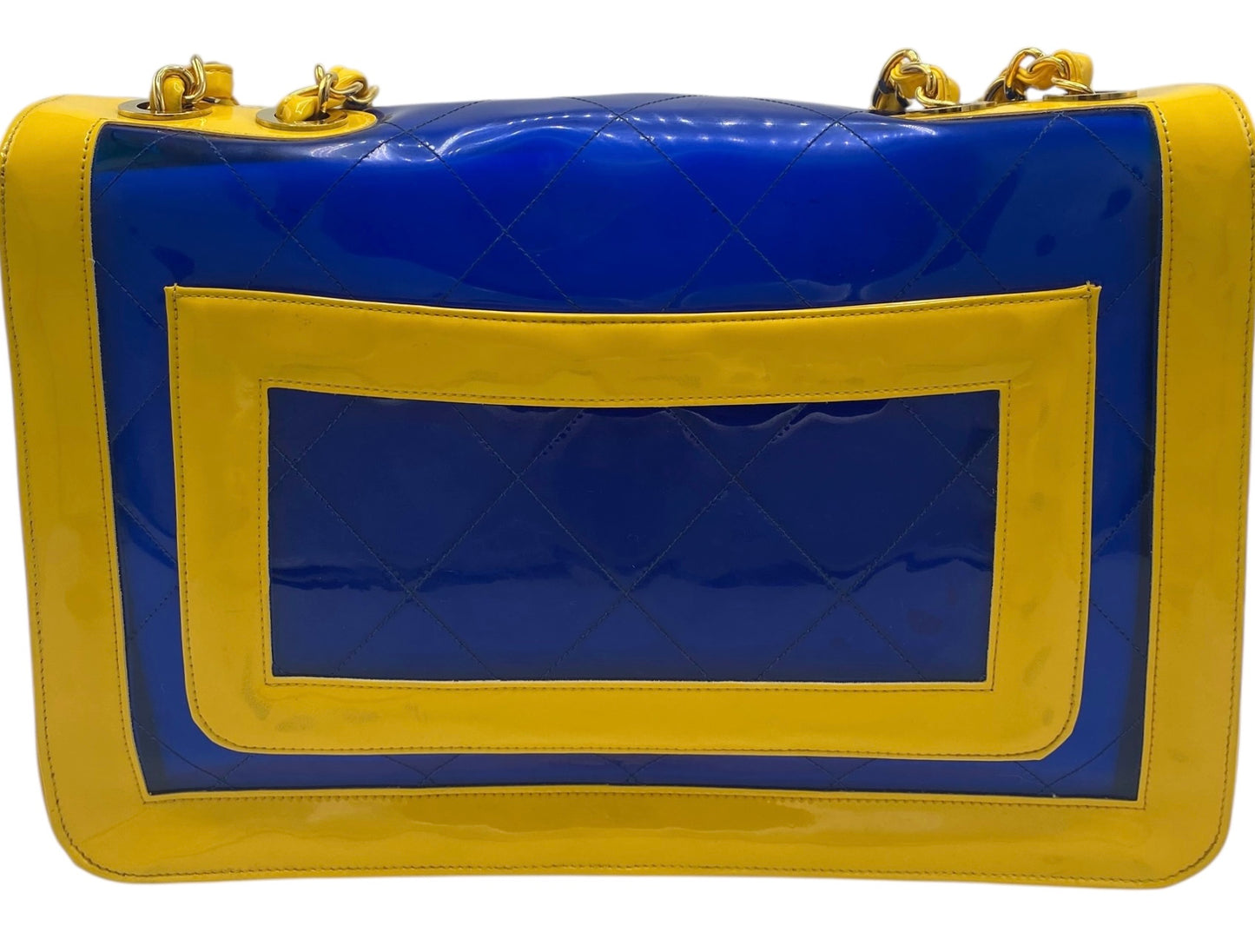 Chanel Ultra Rare 1995 Barbie Collection Yellow Blue Maxi PVC Vinyl Patent Flap Bag