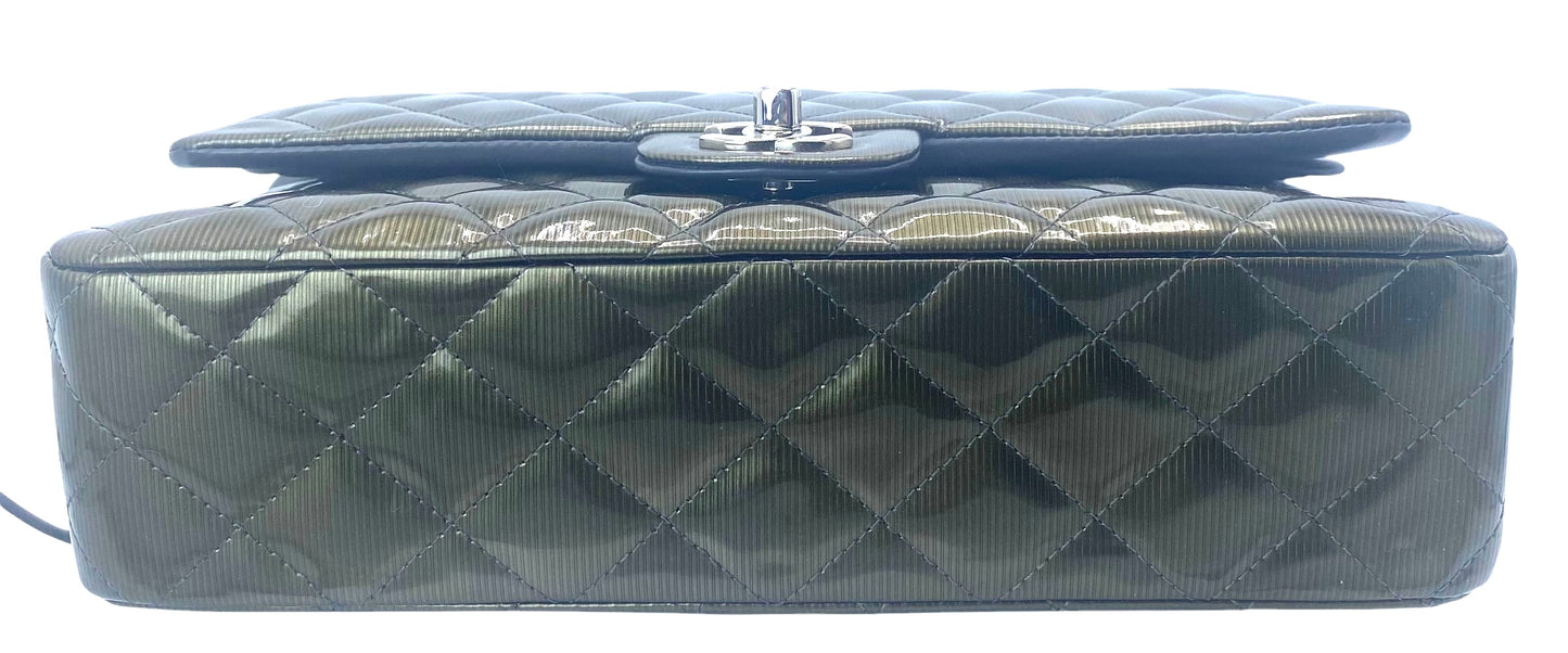 Chanel Medium Dark Green Straited Patent Leather Double Flap Timeless Classic Bag SHW