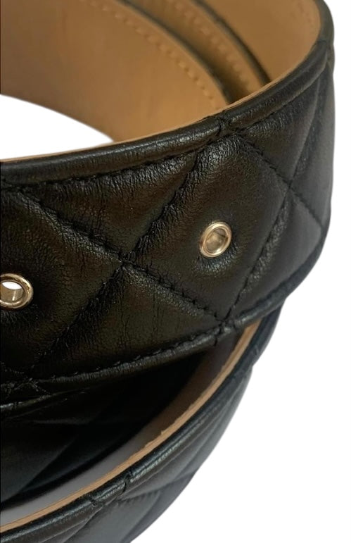 Chanel 10A Black Quilted Lambskin Ruthenium Silver CC Logo Belt 90/36