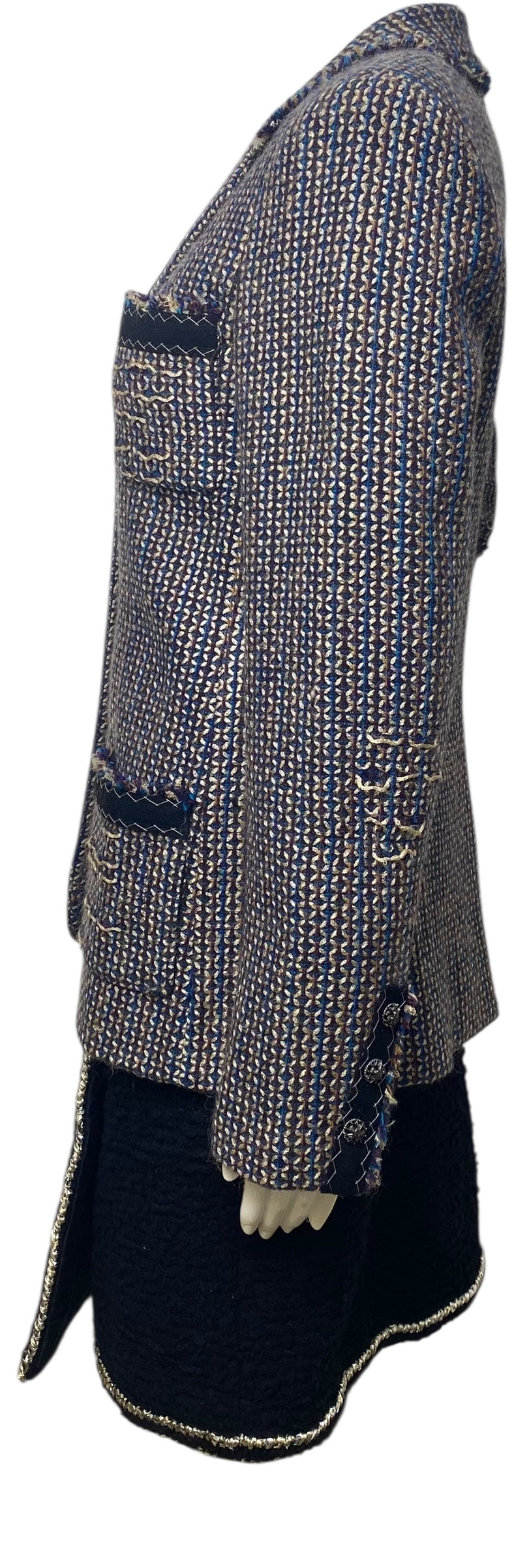 Rare Chanel 08A Runway Tweed Turquoise Blue Multicolor Gold Blazer Jacket FR 36