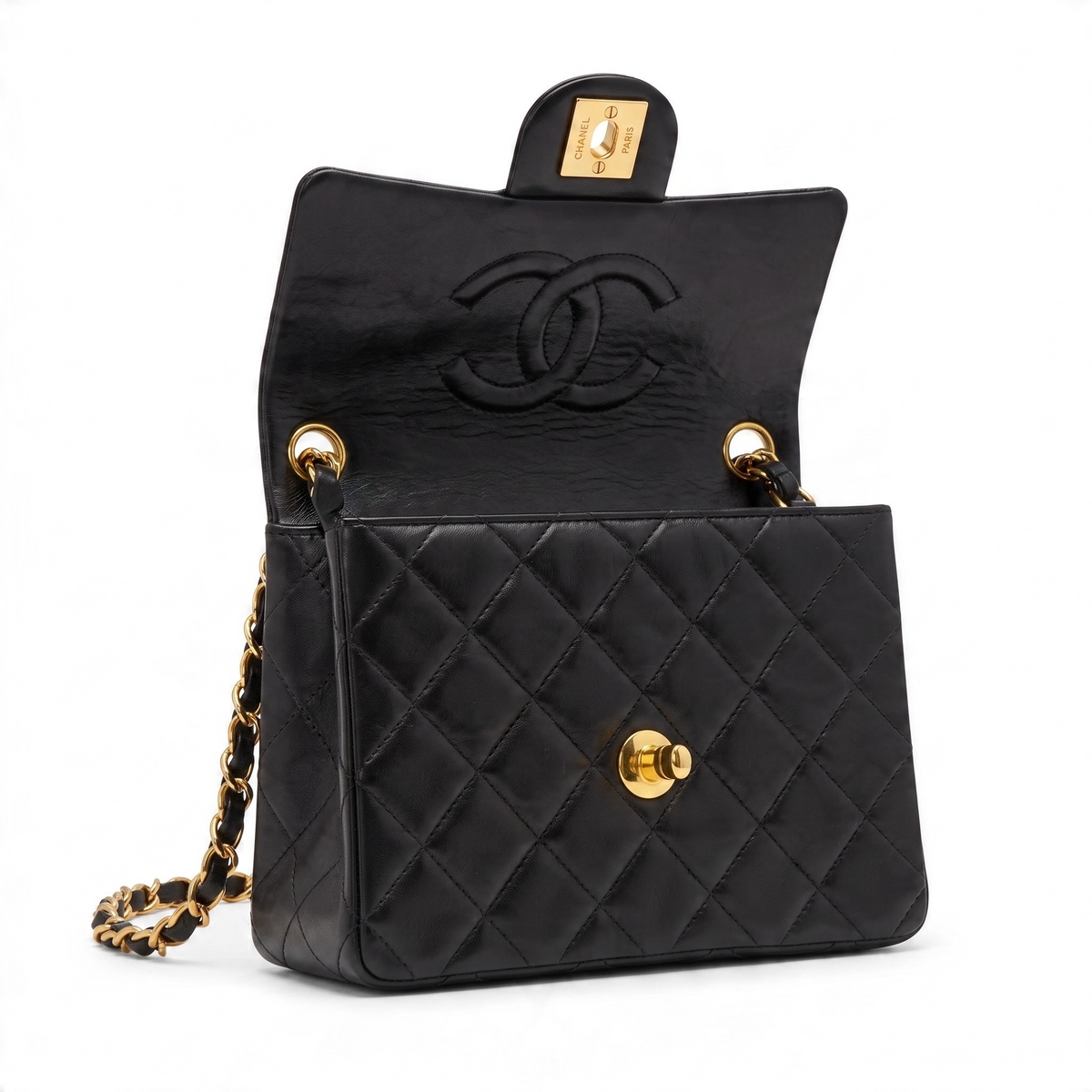 Vintage Chanel Black Quilted Lambskin Mini Square Timeless Classic Flap Bag 24K GHW