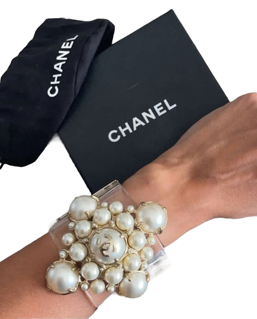Rare Chanel 13S CC Pearl Medallion Clear Resin Cuff Bracelet