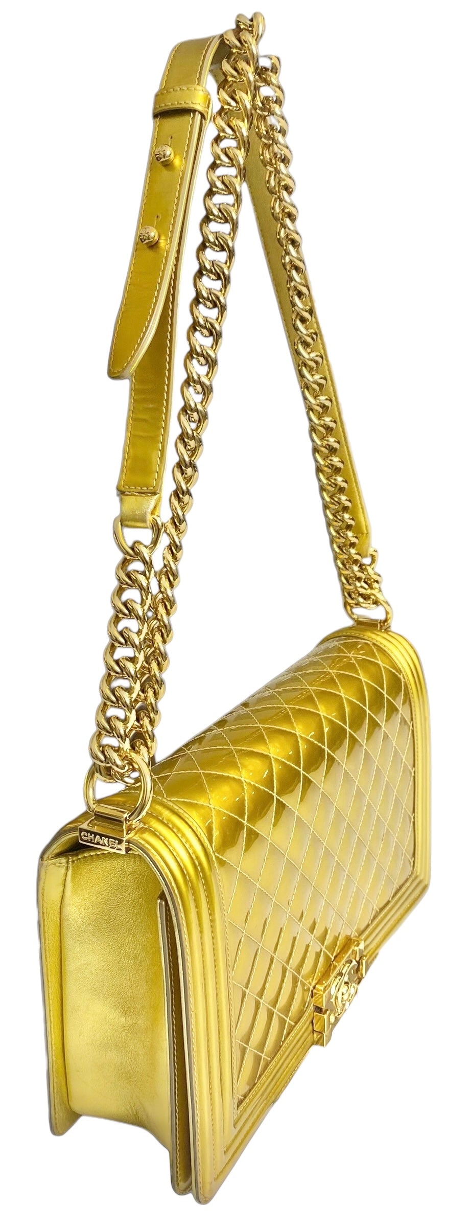 Chanel New Medium Boy Metallic Gold Patent Calfskin Leather GHW