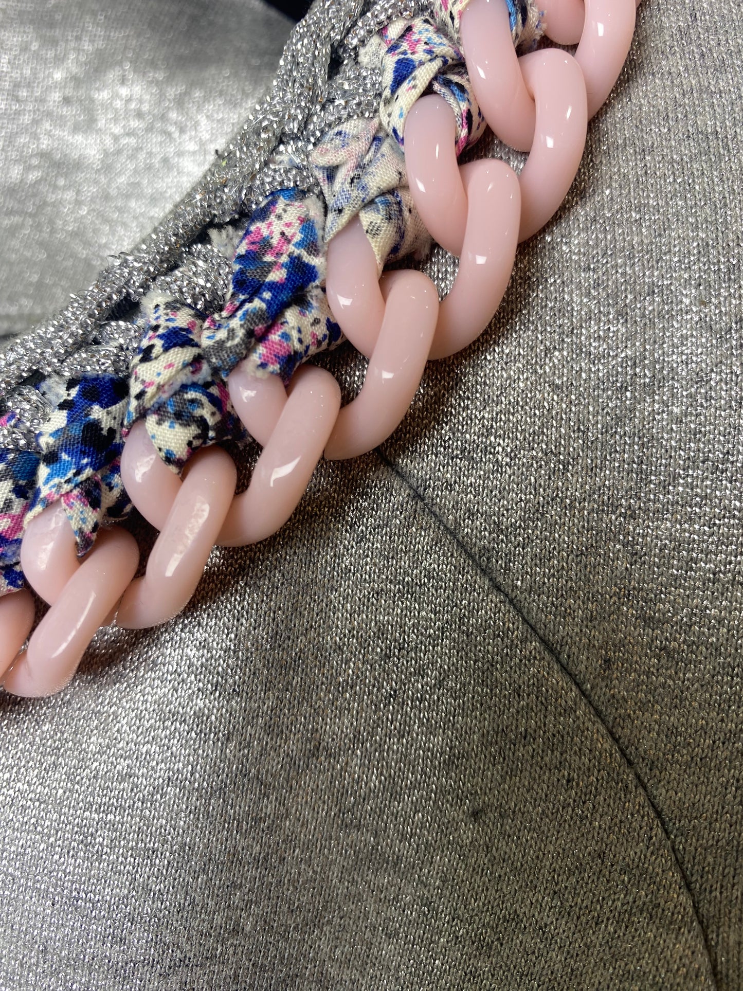 Chanel 2014 Supermarket Metallic Silver Grey Bomber Jacket Tweed and Lucite Pink Trim FR 38